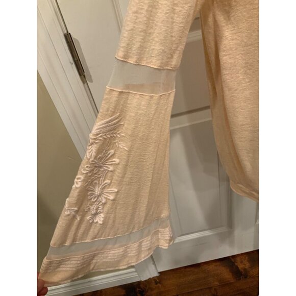 Free People Pale Peach Long Sleeve Top Embroidered Mesh Bell Sleeves, Size M - Picture 3 of 8